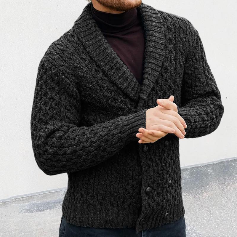 Men's Solid Lapel Double Breasted Cable  Knit Cardigan 17421212Z