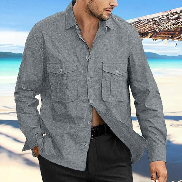 Men's Casual Cotton And Linen Double Breast Pocket Long Sleeve Shirt 65409081Y