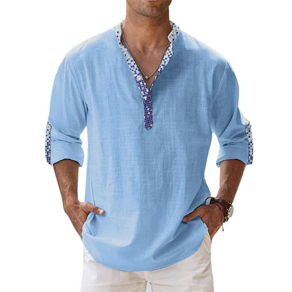 Men's Loose Stand Collar Sport Color Block Long Sleeve Cotton Linen Shirt 67723731X