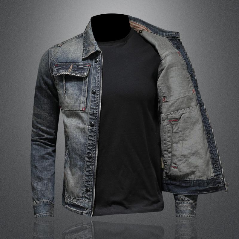 Men's Vintage Washed Slim Fit Zip-Up Denim Motorcycle Jacket 11233018M