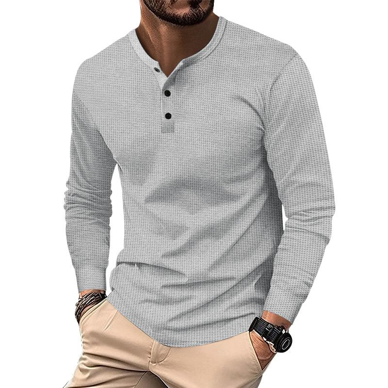 Men's Solid Color Waffle Henley Collar Long Sleeve Casual T-shirt 25467066Z