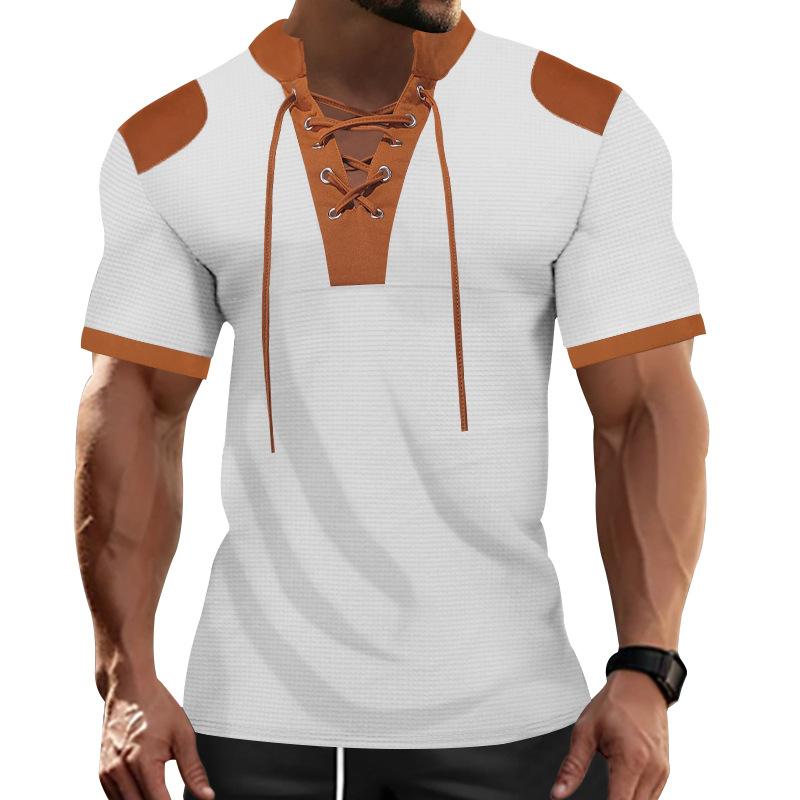 Men's Casual Colorblock Short-sleeved Lace-up T-shirt 22312986X