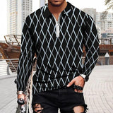 Men's Casual Diamond Print Zipper Long Sleeve POLO Shirt 76403017Y