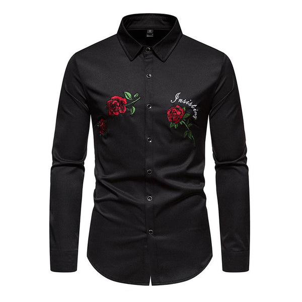 Men's Fashion Rose Embroidery Casual Lapel Long Sleeve Shirt 65312490X