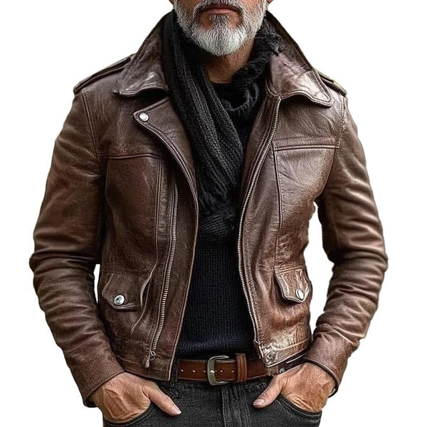 Men's Vintage Biker Lapel Zipper Leather Jacket 55758472X