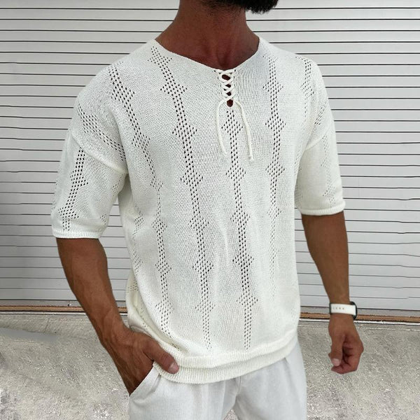 Men's Casual Thin Lace-up Round Neck Hollow Slim Short-sleeved Knitted Sweater 72902298M
