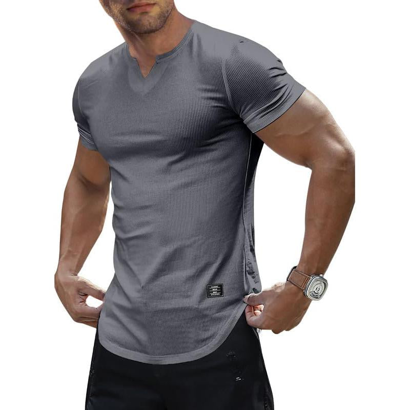 Camiseta de manga corta con cuello en V y punto de color liso para hombre 07923486X