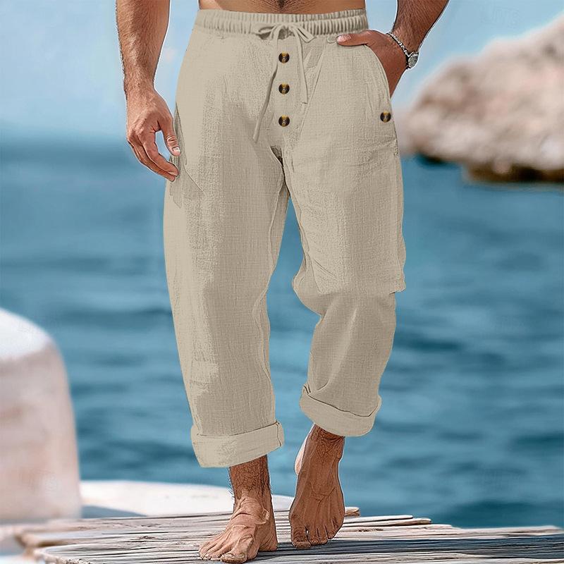 Men's Beach Solid Color Cotton and Linen Drawstring Pants 80434182Y