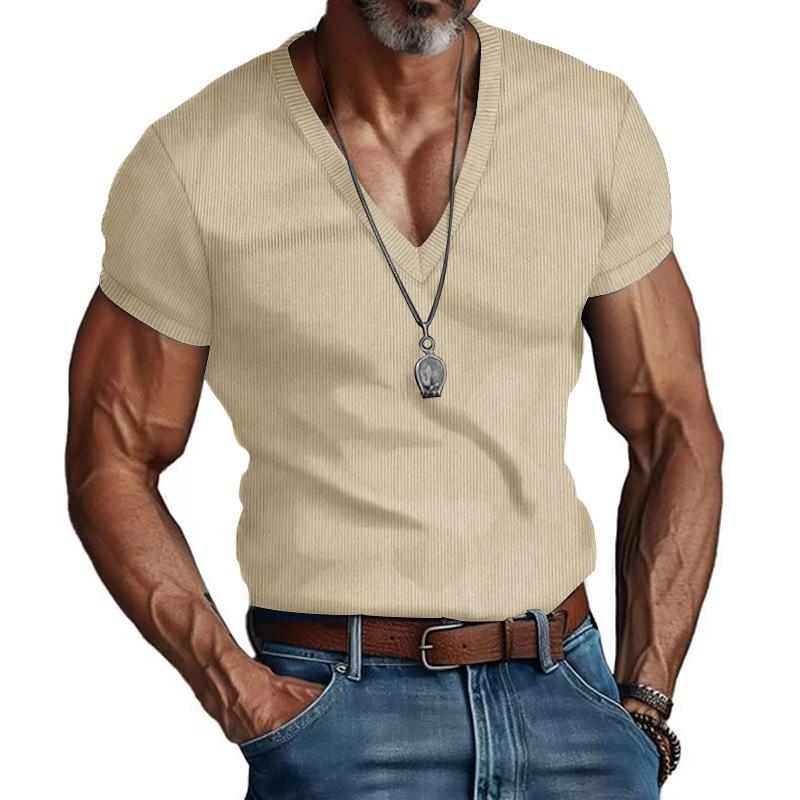 Men's Solid Color Corduroy V Neck Short Sleeve T-shirt 84493795Z