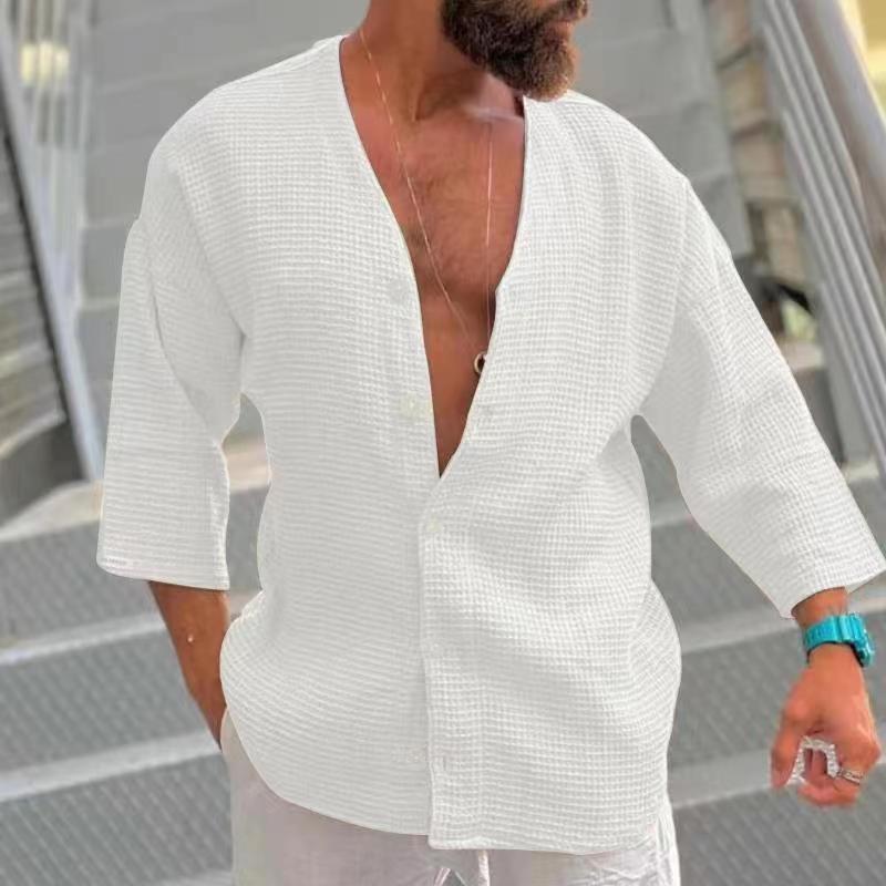 Men's Solid Color Loose Casual Retro Cropped Sleeve Shirt 99343489X