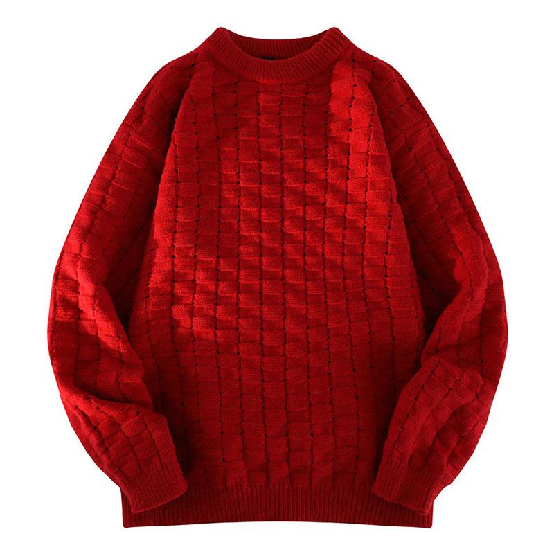 Men's Casual Solid Color Plaid Texture Loose Knitted Pullover Sweater 19842228M