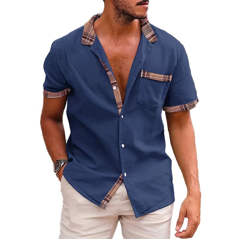Men's Cotton and Linen Patchwork Lapel Short-sleeved Shirt 26150523X