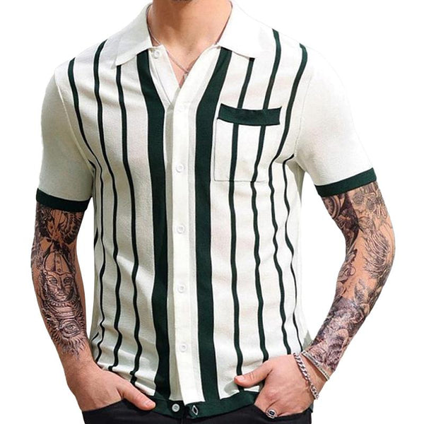 Men's Casual Striped Jacquard Knit Short Sleeve Polo Shirt 39101215M