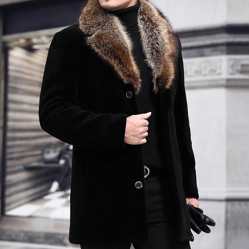 Men's Fur Collar Single Breasted Mid-length Coat 06127353U