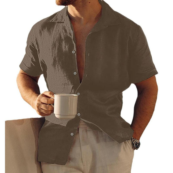 Men's Casual Solid Color Cotton Linen Lapel Short-Sleeved Shirt 88355782M