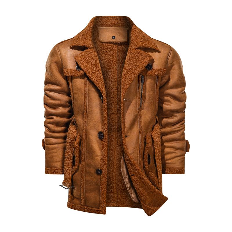 Men's Vintage Solid Color Multi-Pocket Lapel Warm Shearling Coat 56482380Y