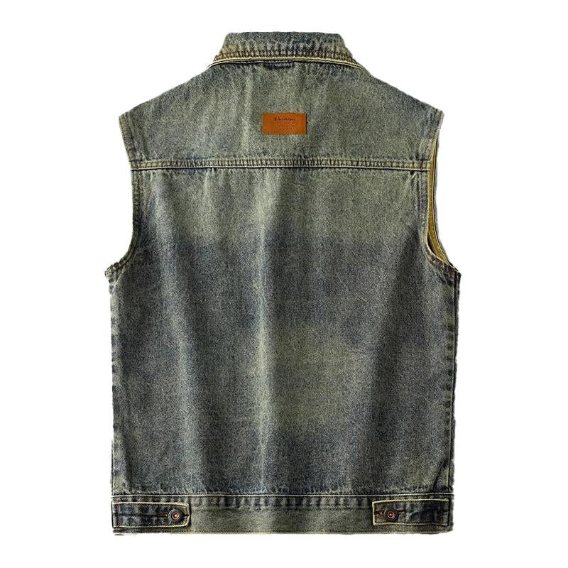 Men's Vintage Washed Motorcycle Lapel Denim Vest 03850905X