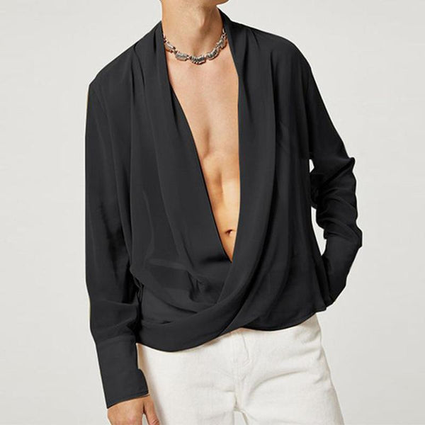 Men's Sexy Fashion V-neck Chiffon Twist Design Loose Long-sleeved Shirt 10578742M