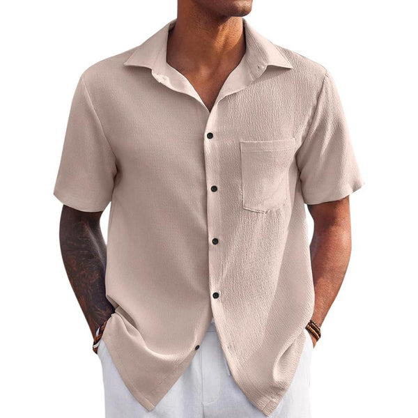 Men's Casual Cotton Linen Blend Pleated Lapel Short Sleeve Shirt 23937721M