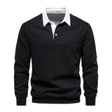 Men's Casual Color Contrasting Lapel Loose Long Sleeve Polo Shirt 72890642M
