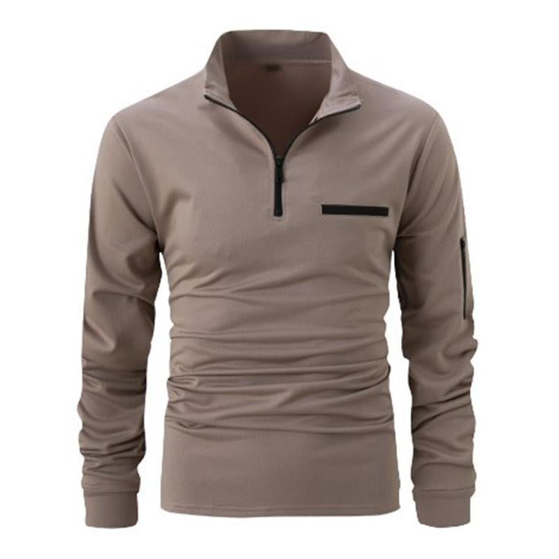 Men's Casual Solid Color Zipper Pocket Long Sleeve Pullover Polo Shirt 04134924M