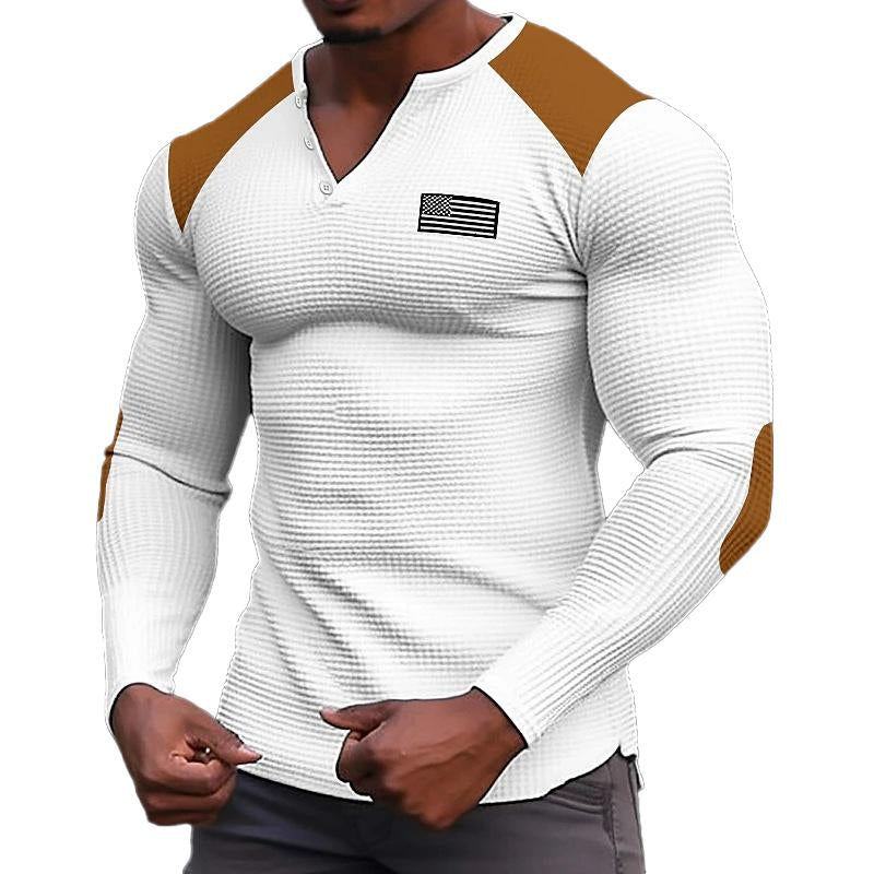 Men's Colorblock Waffle V-Neck Long Sleeve T-Shirt 55079396Y