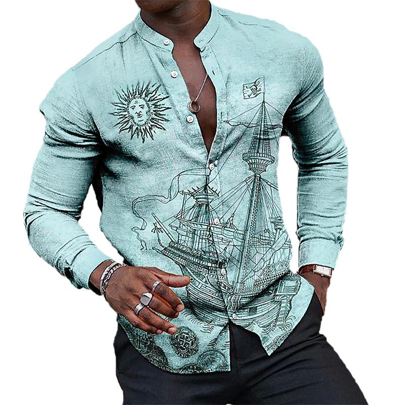 Men's Casual Printed Stand Collar Long Sleeve Shirt 25702372X