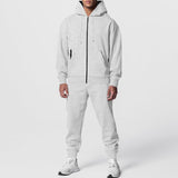 Men's Casual Solid Color Fleece Slim Fit Hooded Zipper Sweatshirt Sweatpants Set 53700824M