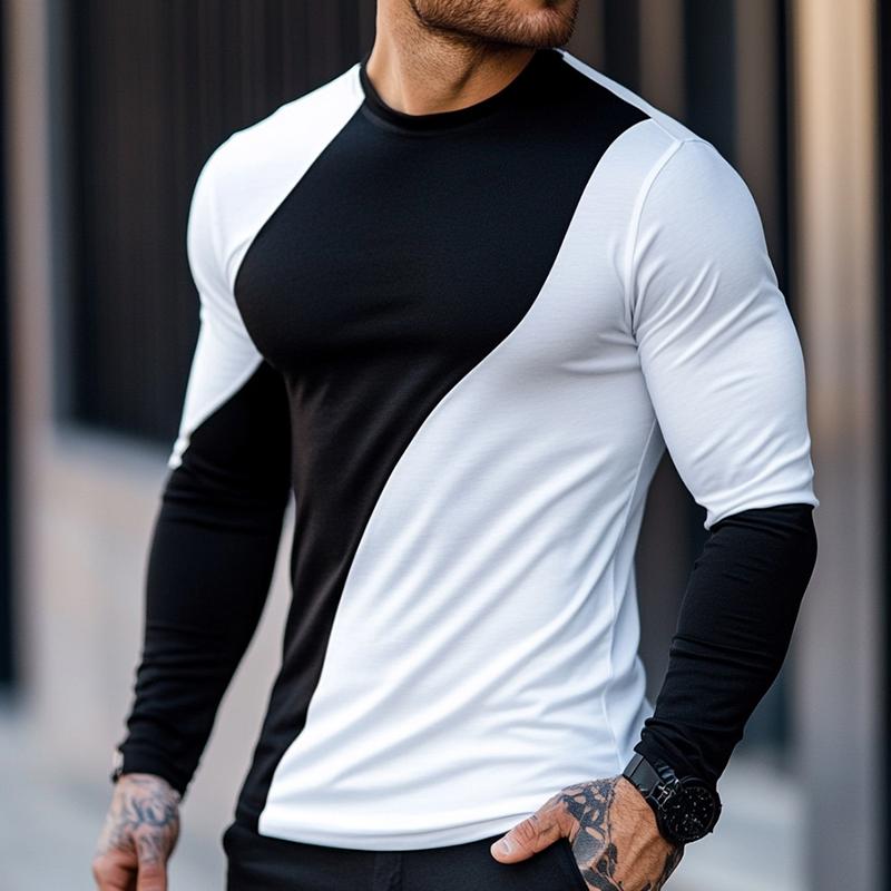 Men's Retro Casual Colorblock Round Neck Long Sleeve T-Shirt 51996048TO