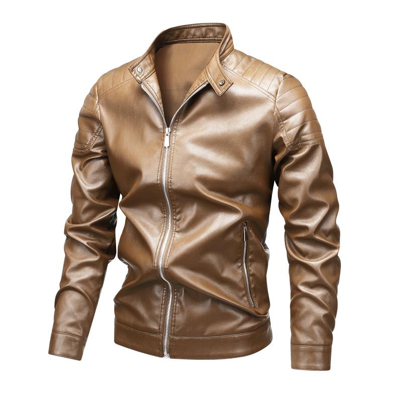 Men's Retro Motorcycle Stand Collar Zip Leather Jacket 00516344Y
