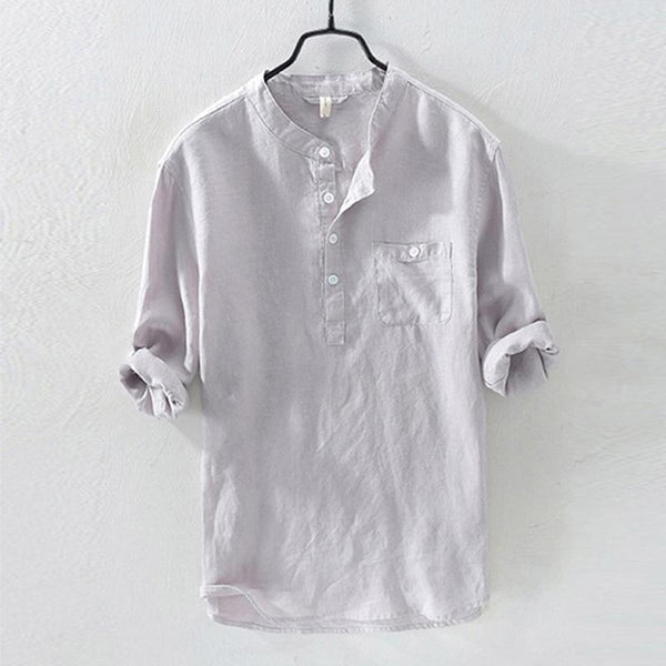 Men's Solid Color Cotton Linen Long Sleeve Button Stand Collar Shirt 90957196X