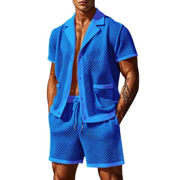 Men's Solid Color Hollow Out Lapel Short Sleeve Tops Shorts Set 16586220Z