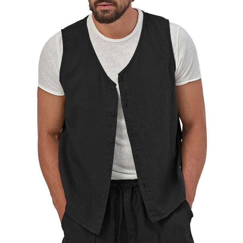 Men's Single Breasted Casual Solid Color Linen V-Neck Vest 69545873X