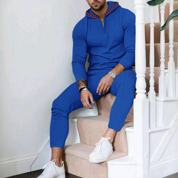 Men's Solid Color Waffle Long Sleeve Hoodie Trousers Casual Set 14339688Z