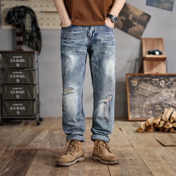 Men's Distressed Ripped Jeans Loose Heavy Craft Jeans 74187232X