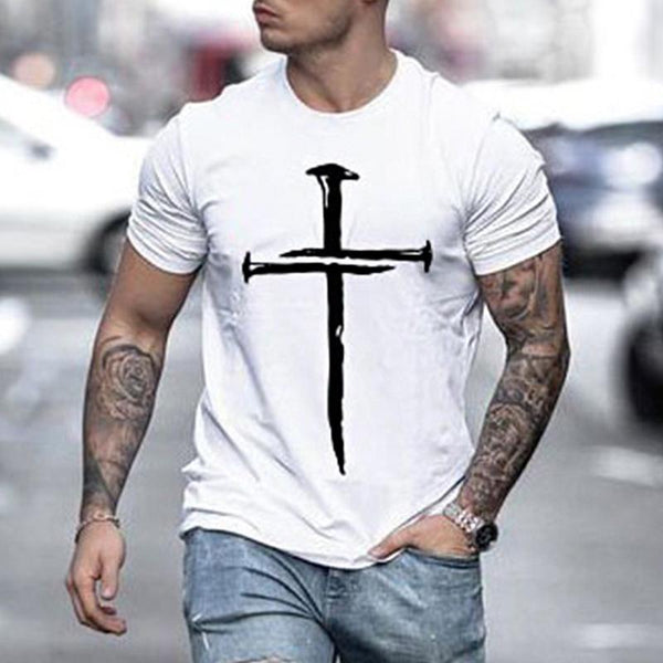 Men's Casual Cross Printed Round Neck Short Sleeve T-Shirt 93660125Y