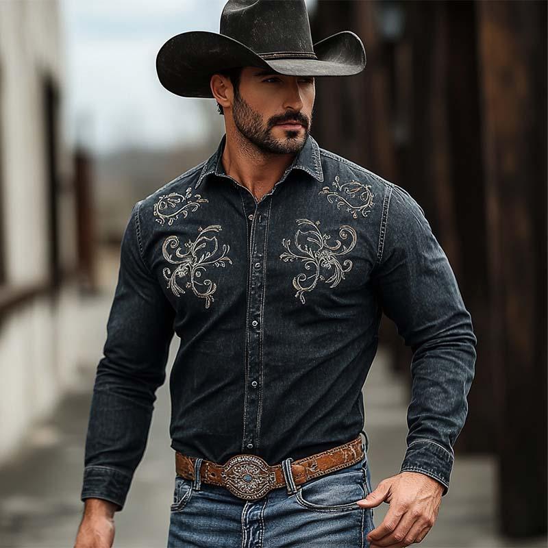 Men's Classic Retro Western Cowboy Style Embroidered Long Sleeve Denim Shirt 05541964K