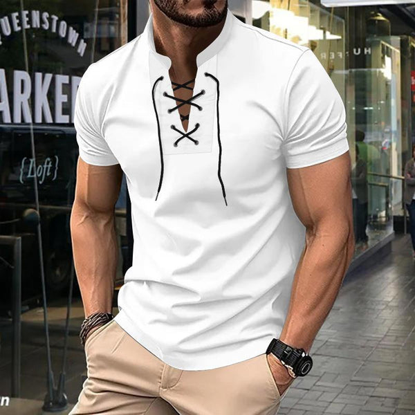 Men's Solid Color Lace-up V Neck Short Sleeve T-shirt 79653773Z