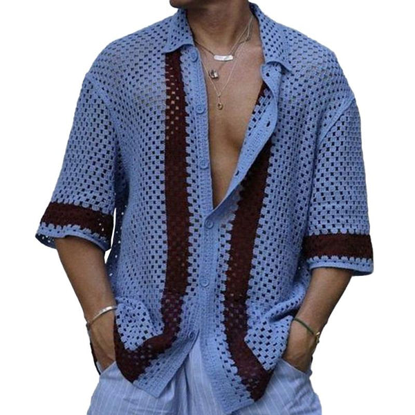 Men's Retro Contrasting Lapel Hollow Knitted Short-Sleeved Cardigan 22505624M