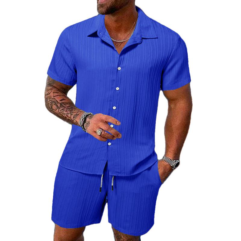 Men's Solid Color Striped Lapel Short Sleeve Shorts Casual Set  63428764X