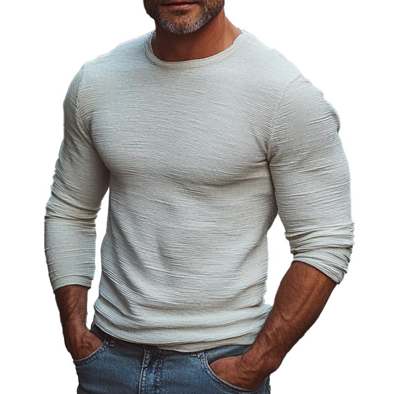 Men's Cotton and Linen Round Neck Long Sleeve T-shirt 57965422X