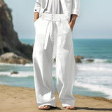 Men's Casual Linen Belted Straight Solid Color Trousers 71519975Y