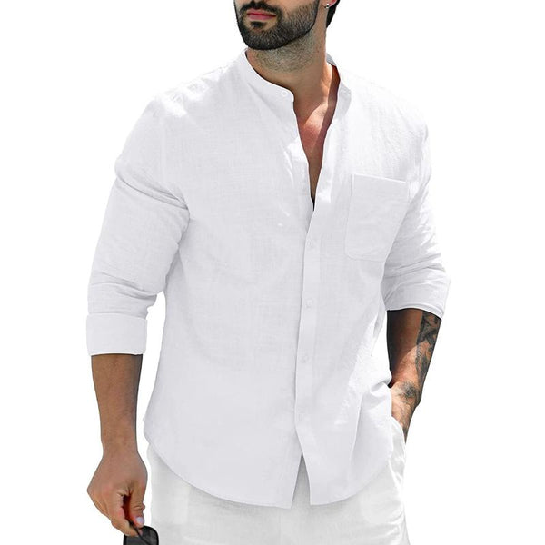 Men's Casual Linen Solid Color Stand Collar Breast Pocket Long Sleeve Shirt 45246800Y