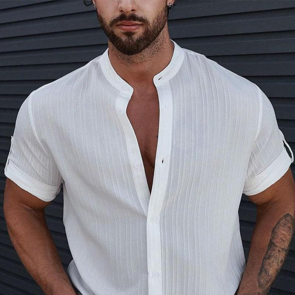 Men's Stand Collar Cotton and Linen Short Sleeve Shirt 65986942X