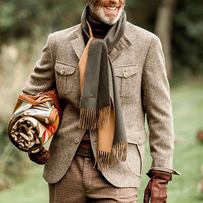 Veste safari multi-poches à col montant en tissu à chevrons vintage pour hommes 74248093Y