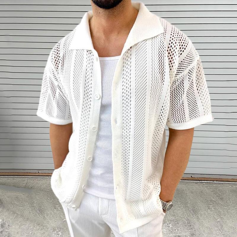 Men's Casual Thin Lapel Hollow Short-Sleeved Knitted Cardigan 65874548M