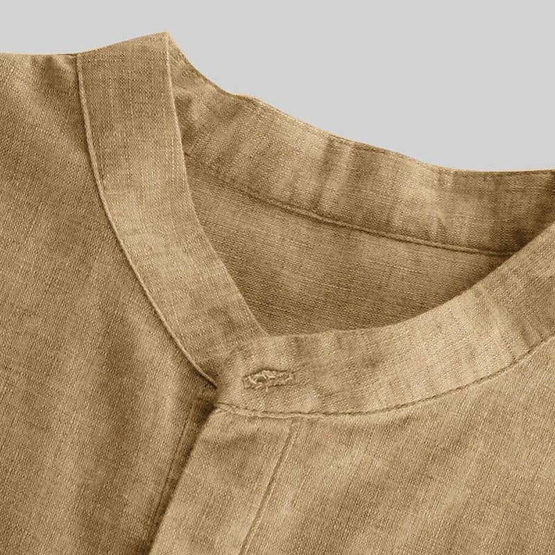 Men's Solid Color Stand Collar Cotton Linen Short Sleeve Shirt 25025155X