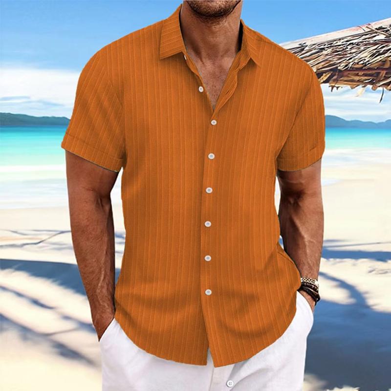 Camicia da uomo in cotone e lino a righe con risvolto, manica corta, ampia, 89995369X