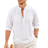 Men's Cotton and Linen Stand Collar Multi-pocket Long-sleeved Shirt 79006443X