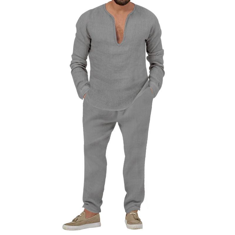 Men's Solid Loose V Neck Long Sleeve T-shirt Trousers Casual Set 47594020Z